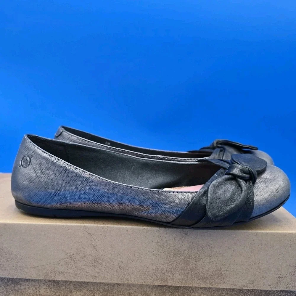 Born Ballet Flats Womens Silver Black Leather Casual Bow Slip On Shoes Sz 7.5M‎